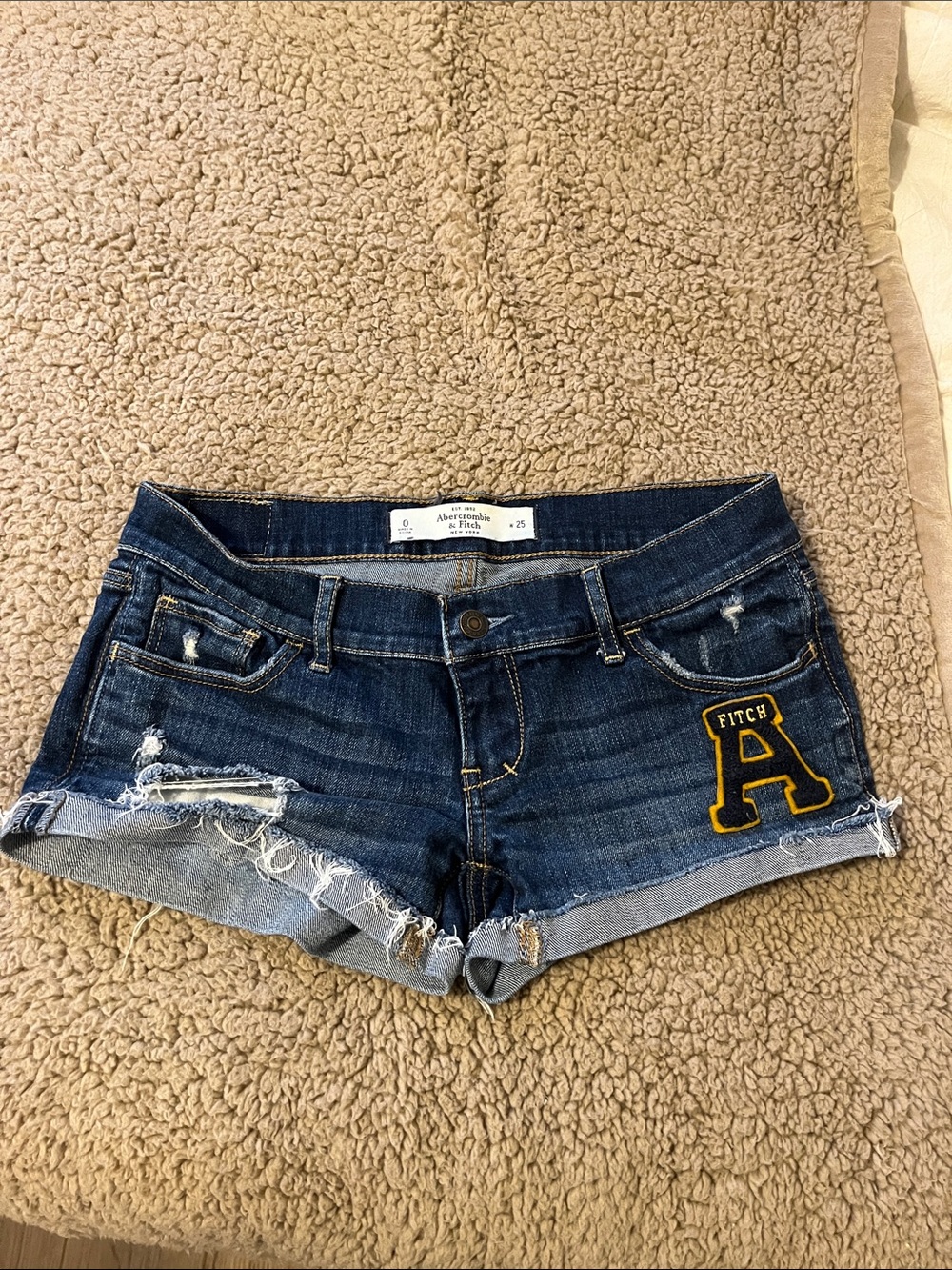 Abercrombie & Fitch Navy Blue Distressed Denim Shorts with 'A' Patch - Picture 2 of 3